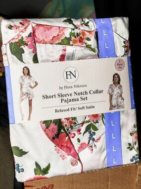 Flora Nikrooz  Short Sleeve Notch Collar Pajama Set    Relaxed Fit/ Soft Satin